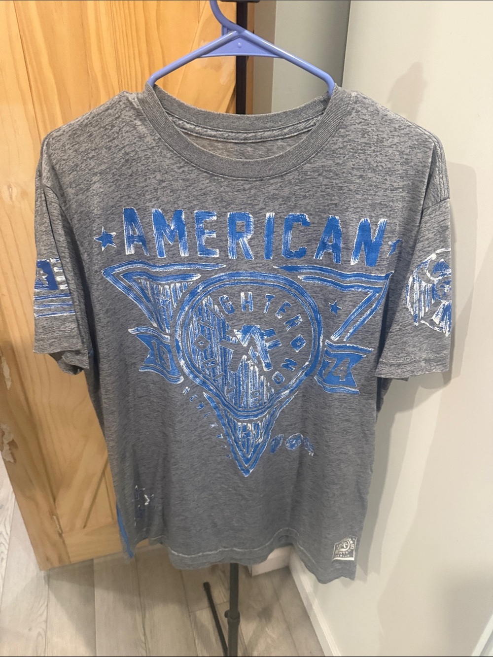 American Fighter Gray Short Sleeve Tee with Blue Graphic